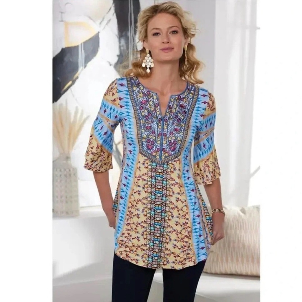 Soft surroundings blouse embroidered velvet patchwork blouse fifi tunic boho - Picture 1 of 9